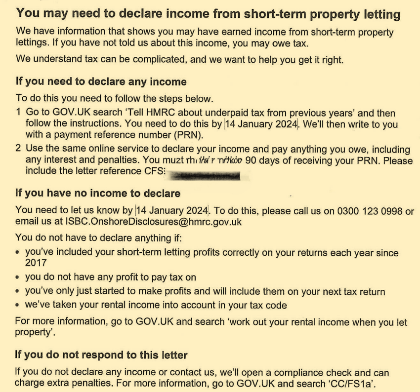 Hmrc letter for declaring income from short-term property letting